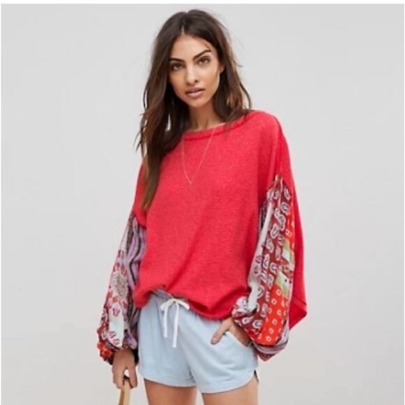 We The Free Tops - Free People We The Free Valentine Red  Balloon Sleeve Thermal Medium Red Top